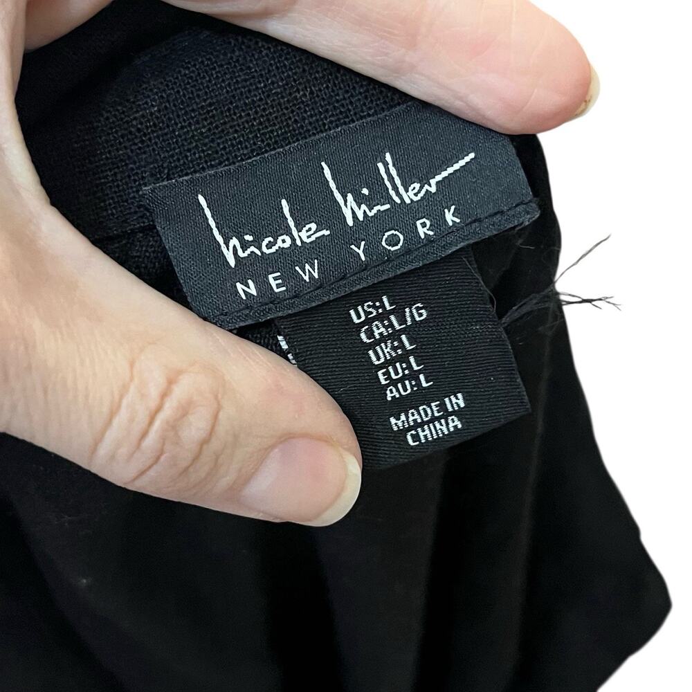 Nicole Miller Linen Blend Swing Dress Large Black Button Down Tiered Boho Casual - Picture 8 of 8